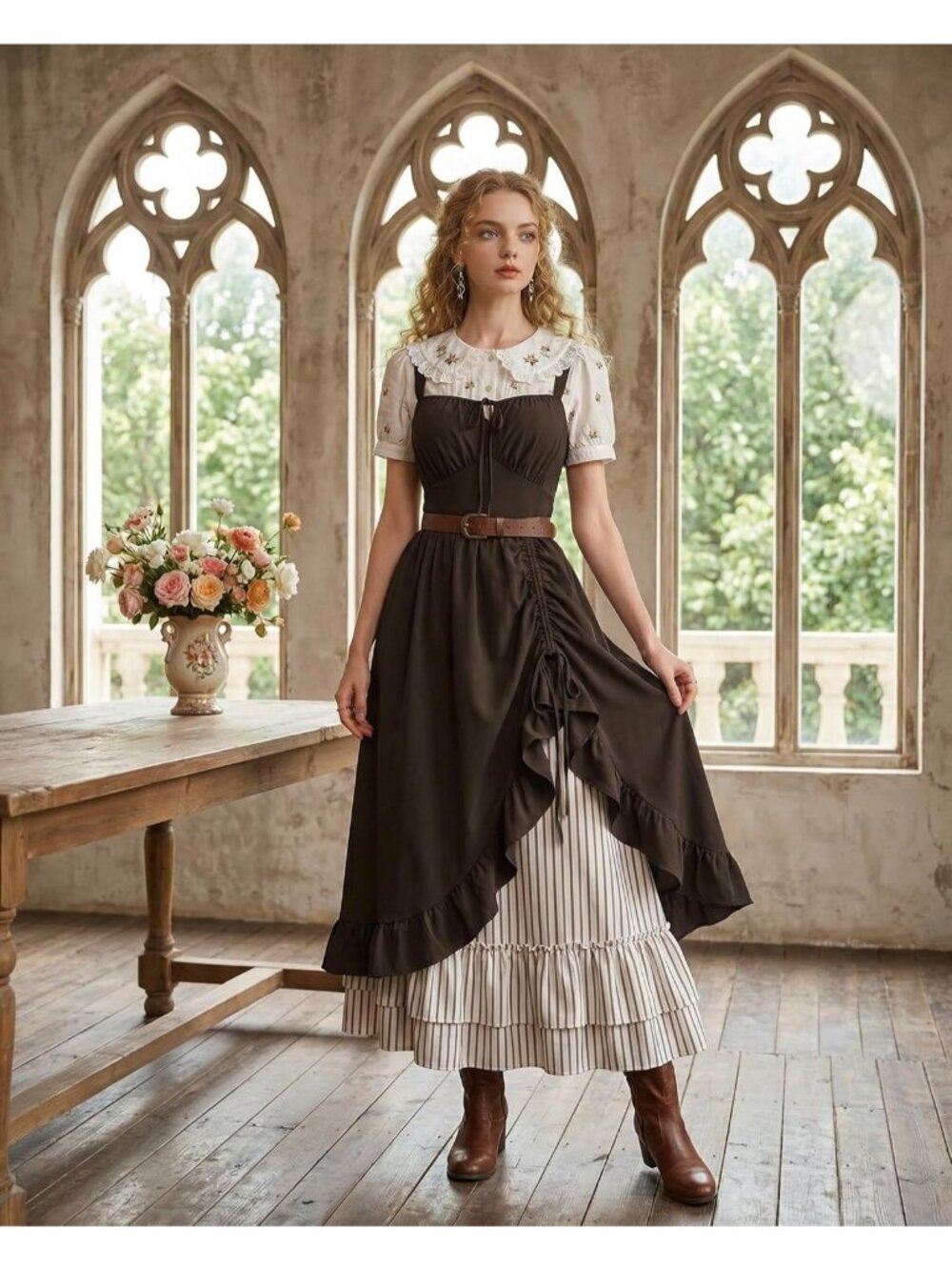 Women's Dark Brown Sleeveless Renaissance Corset Flowy Milkmaid Costumes Dress - Picture 3 of 6